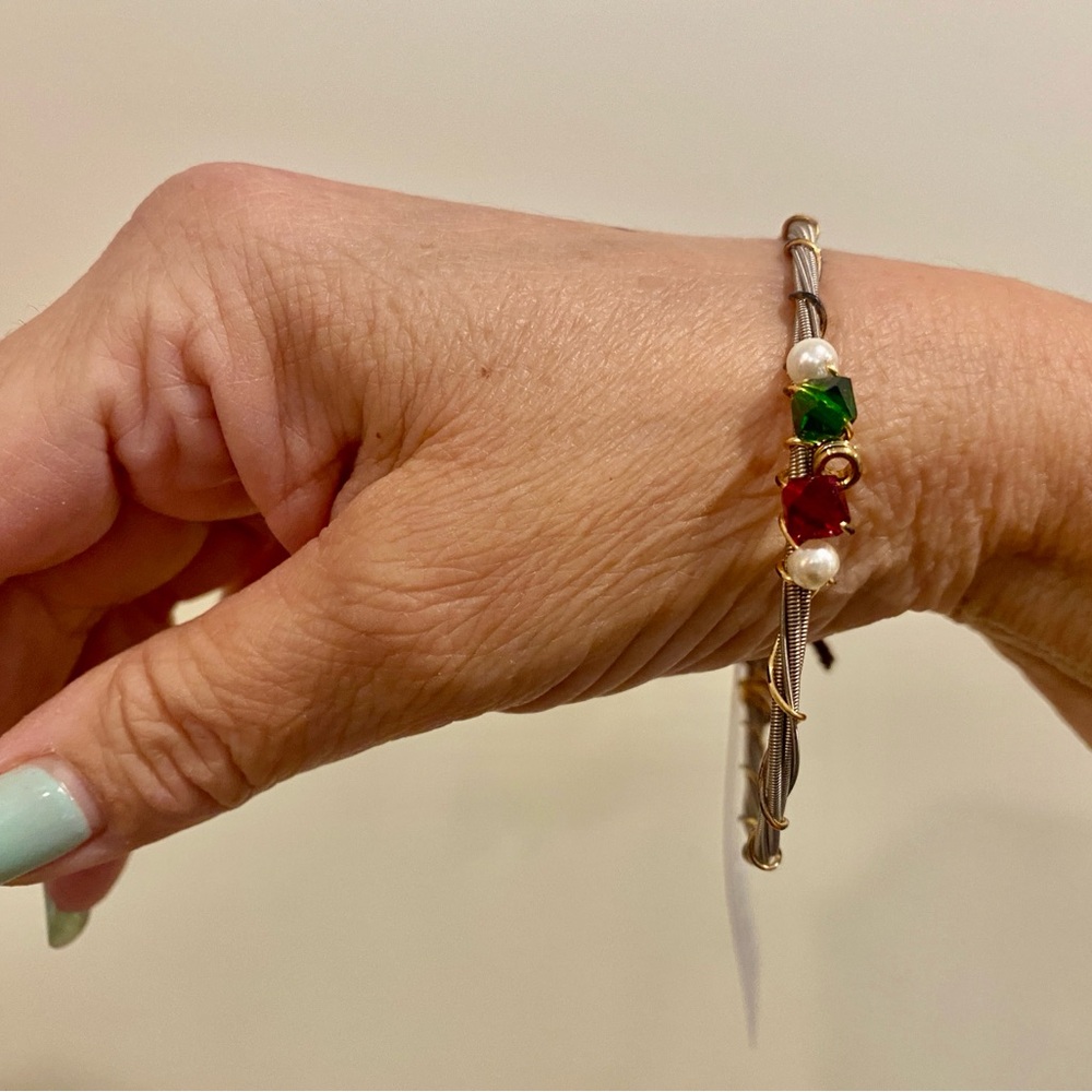 Guitar String Bracelet with Red, Green,White Beads  NEW w/ fabric pouch-Handmade